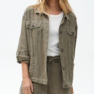 MICHAEL STARS Maliah Army Green Linen Over Shirt Shacket Military Button…